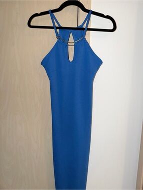 Blue Halter Bodycon Dress with Gold Accent